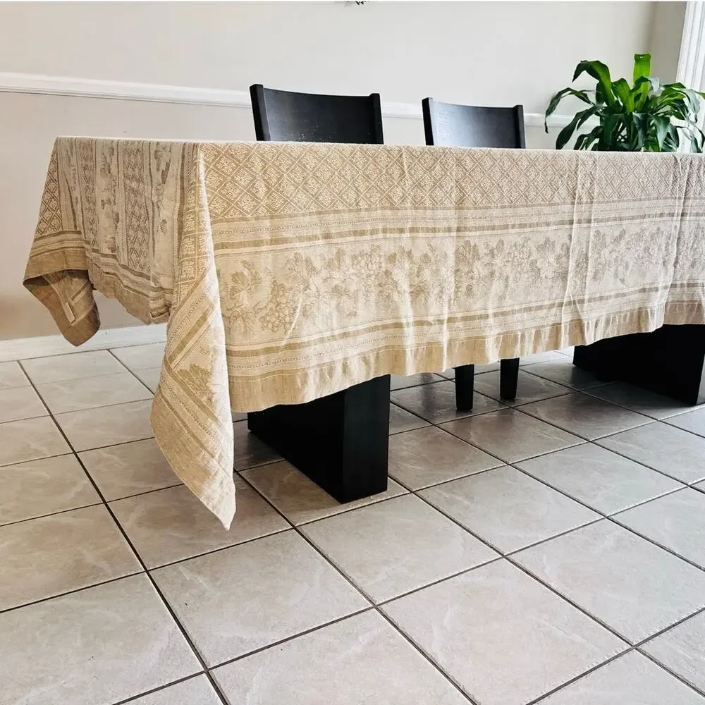 Williams Sonoma 70x126 Linen Cotton Jacquard Grapevine Tablecloth Taupe Ivory
